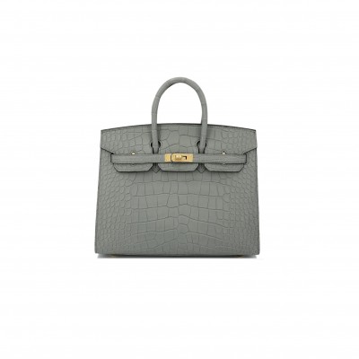 HERMÈS MASTER BIRKIN 20 CROCODILE LEATHER CRYSTAL GREY SILVER BUCKLE H041350CK05 (20*15.5*11cm)